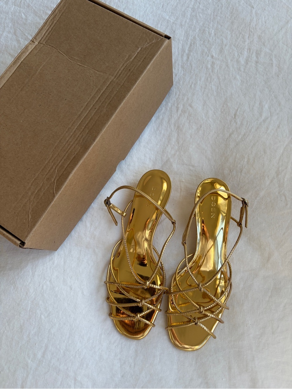 NWT Doen Comporta Knot Strappy Tie Sandals Shoes Brass Foil Leather Gold Yellow
